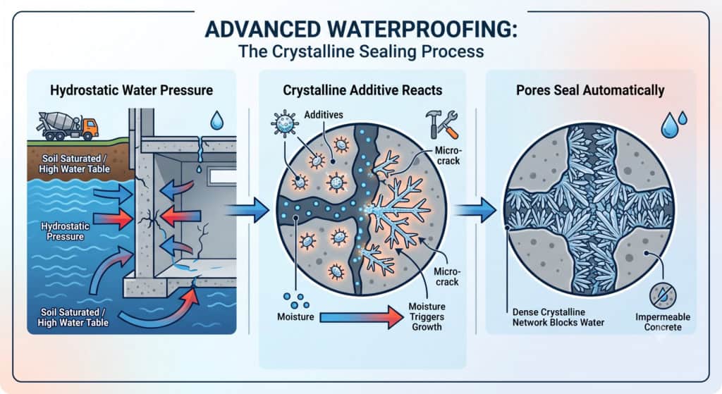 Three-panel infographic: hydrostatic water pressure on soil and concrete, crystalline sealing starts inside the concrete, then pores seal automatically to stop water.