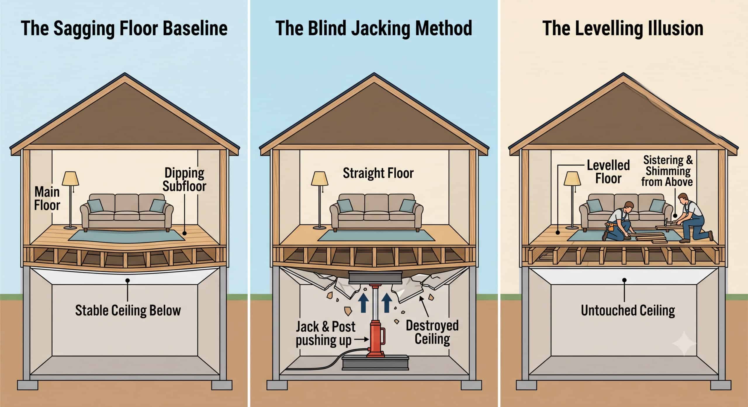 Three-panel diagram comparing floor leveling methods: sagging baseline, straight floor via blind jack, and leveled floor illusion with above-work.